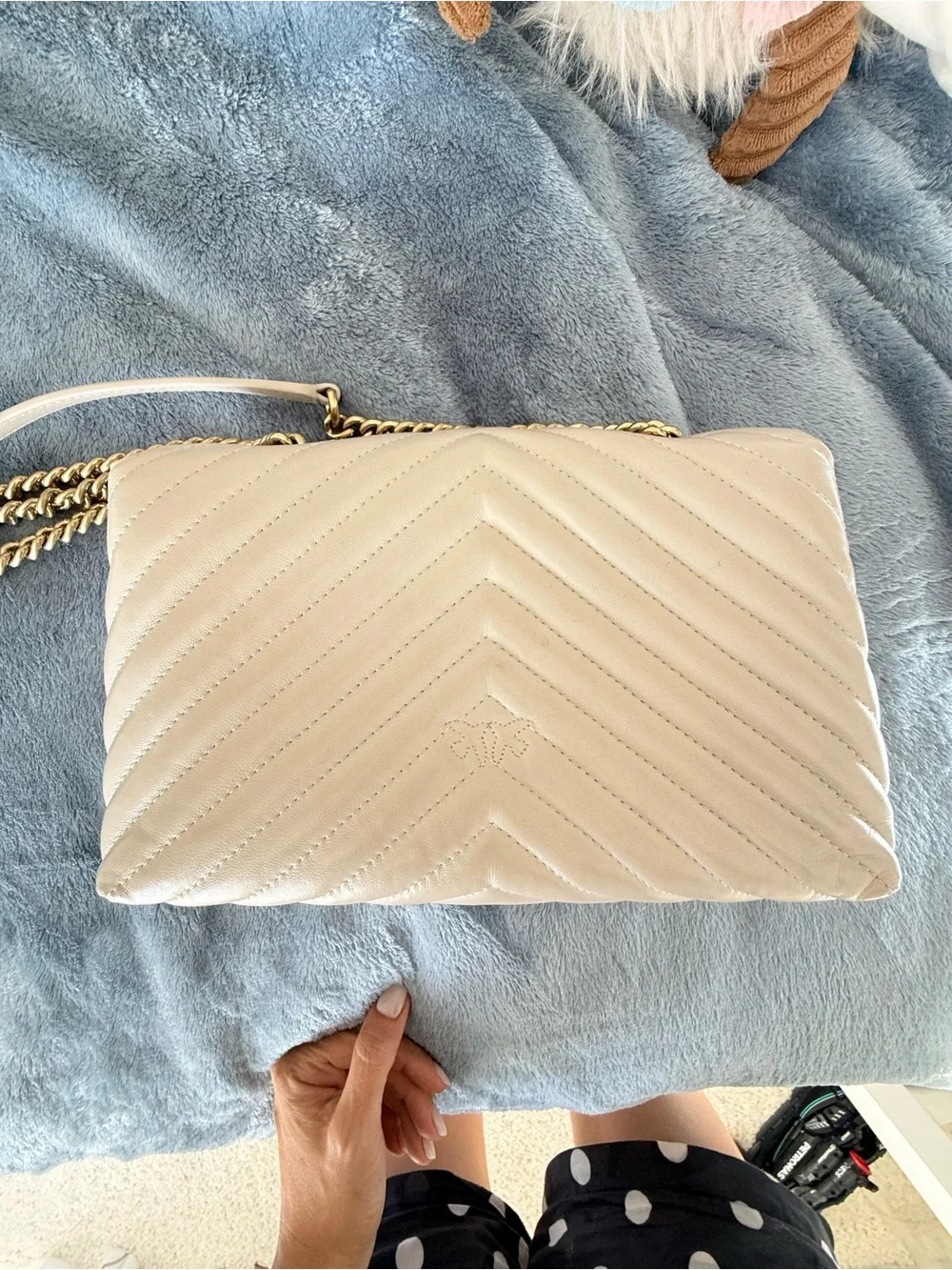 PINKO Love Bag Chevron Greige Leather Gold Chain Shoulder Bag
